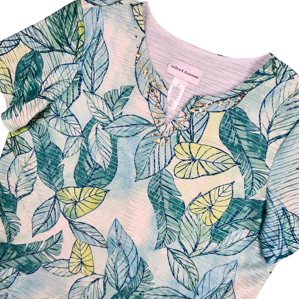 Alfred Dunner Top Women Medium Green Tropical Striped Embellished V-Neck Coastal